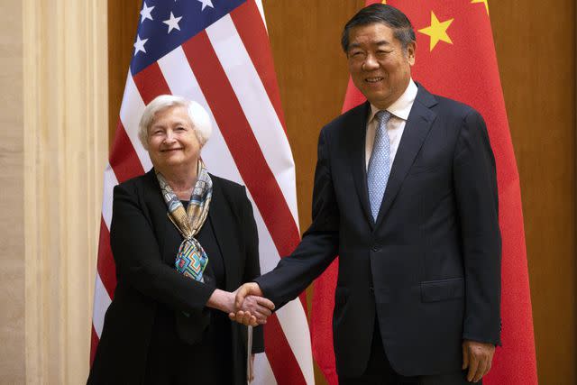 <p>Mark Schiefelbein - Pool/Getty</p> U.S. Treasury Secretary Janet Yellen meets with Chinese Vice Premier He Lifeng during a trip to Beijing in July.