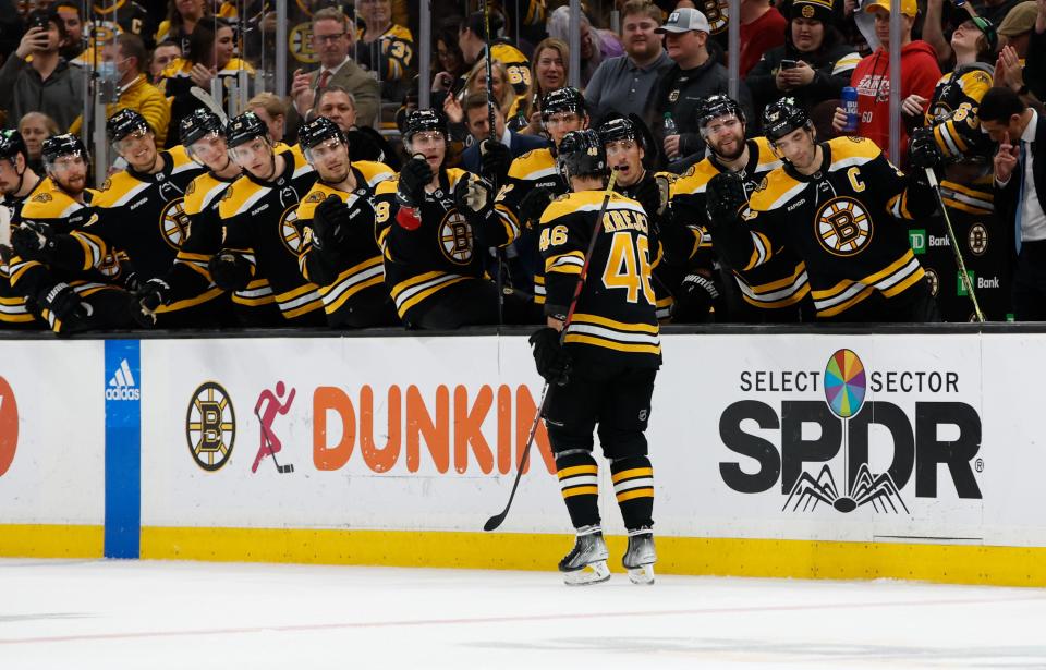 BOSTON, MA - MARCH 23: David Krejci #46 of the Boston Bruins celebrates after he scored against the Montreal Canadiens at the TD Garden on March 23, 2023 in Boston, Massachusetts. The Bruins won 4-2. (Photo by Rich Gagnon/Getty Images)