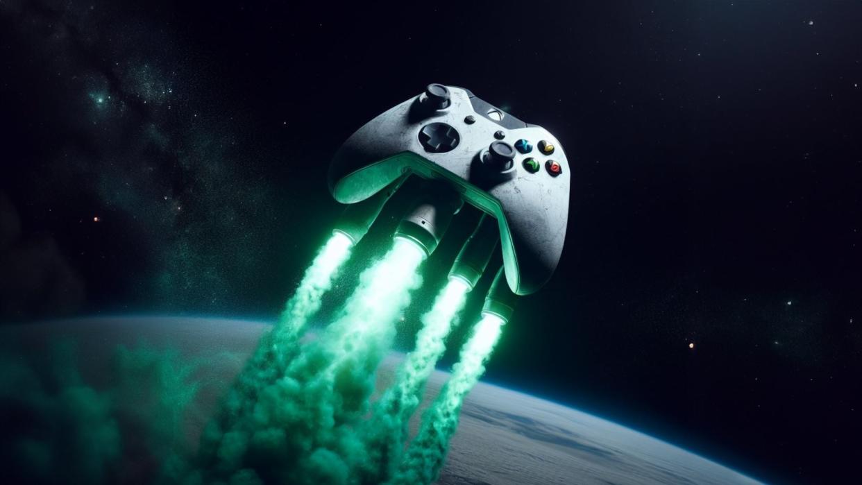  Xbox controller rocket ship blasting into space. 