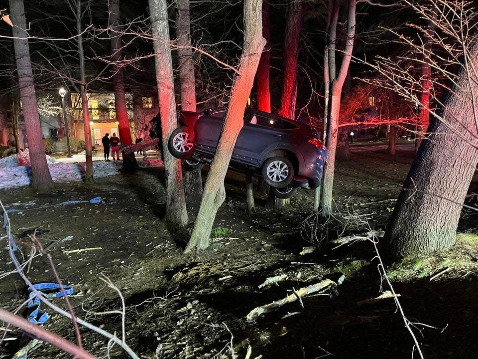An SUV in Longmeadow, Massachusetts "struck a group of trees and became lodged approximately 10 feet in the air".
