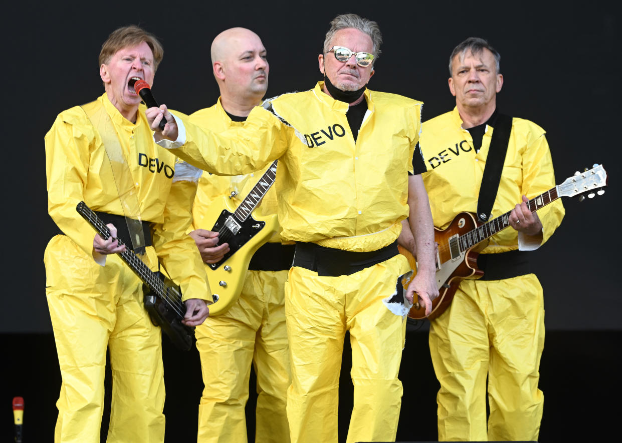 Devo's Gerald Casale, Josh Hagar, Mark Mothersbaugh, and Bob Mothersbaugh perform in 2023. (Rune Hellestad - Corbis/Corbis via Getty Images)