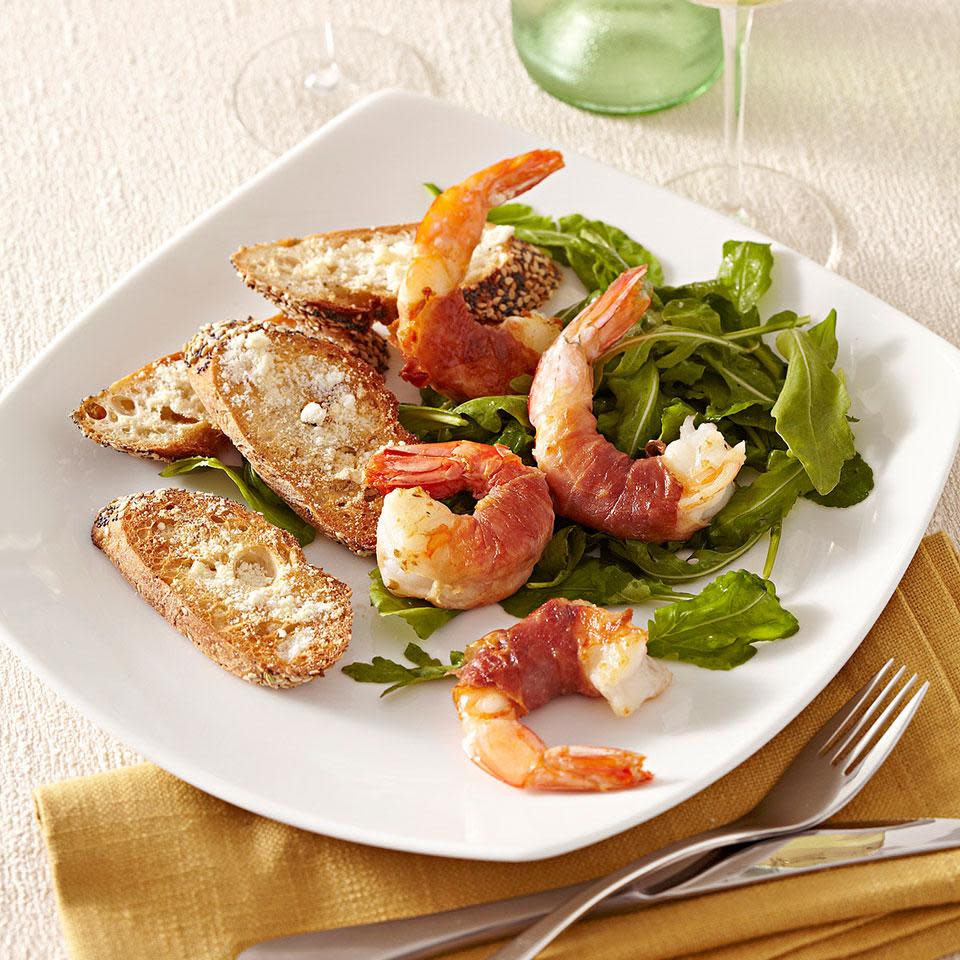 Prosciutto-Wrapped Shrimp with Arugula Salad