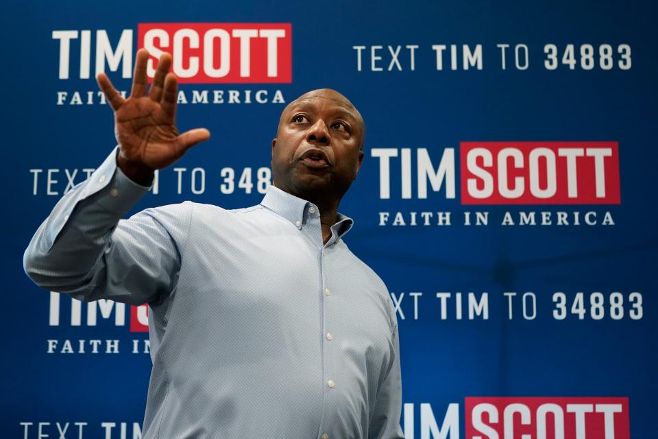 Republican presidential candidate Sen. Tim Scott, R-S.C., speaks during a meet and greet, Monday, Sept. 18, 2023, in Fort Dodge, Iowa. (AP Photo/Charlie Neibergall)