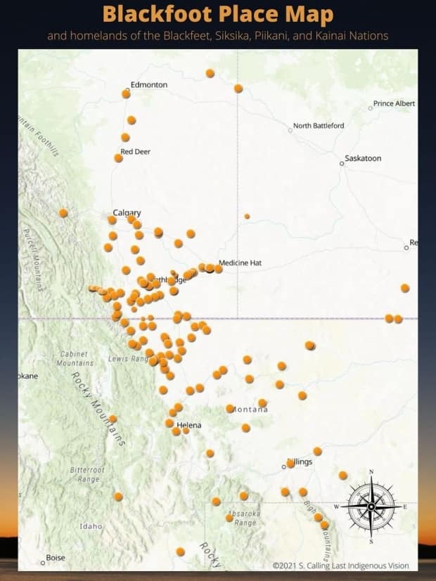 A static map representing roughly 500 Blackfoot historical and sacred sites collected by Souta Calling Last.  