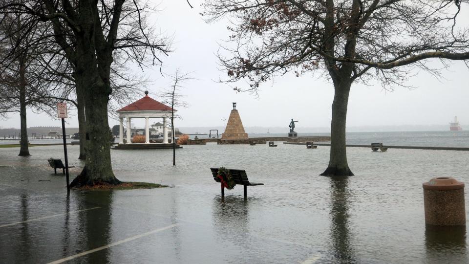 King Park was flooded Friday morning as a storm bringing rain and wind came around high tide.