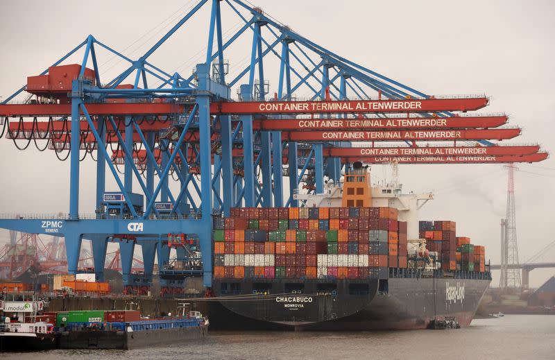 Containers are unloaded from the Hapag-Lloyd container ship Chacabuco at the HHLA Container Terminal Altenwerder on the River Elbe in Hamburg, Germany