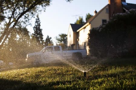 Sprinklers spray water at a home on a mandatory "no watering" day, in this August 15, 2014 file photo in Sacramento, California. REUTERS/Max Whittaker/Files