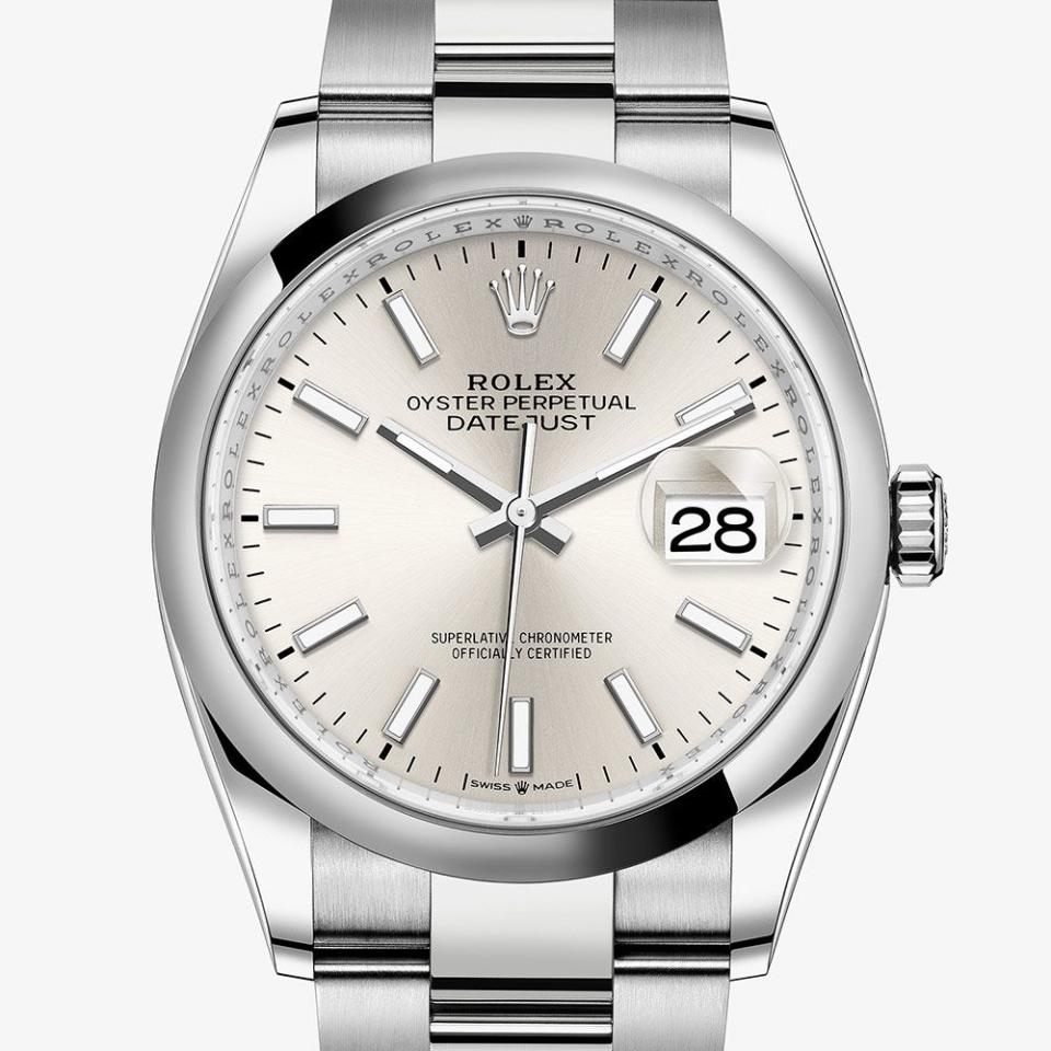 <p><a class="link " href="https://www.rolex.com/watches/datejust/m126234-0015.html" rel="nofollow noopener" target="_blank" data-ylk="slk:SHOP;elm:context_link;itc:0;sec:content-canvas">SHOP</a></p><p>Probably Rolex’s most popular model. Released in 1945 to celebrate the watchmaker’s 40th anniversary, it also used the occasion to debut a new kind of bracelet – the now-distinctive ‘jubilee’. The first wristwatch ever with a date that changed automatically, the name comes from one of Rolex’s trademark neologisms – the date changes just before midnight. </p><p>£6,800; <a href="https://www.rolex.com/watches/datejust/m126234-0015.html" rel="nofollow noopener" target="_blank" data-ylk="slk:rolex.com;elm:context_link;itc:0;sec:content-canvas" class="link ">rolex.com</a></p>