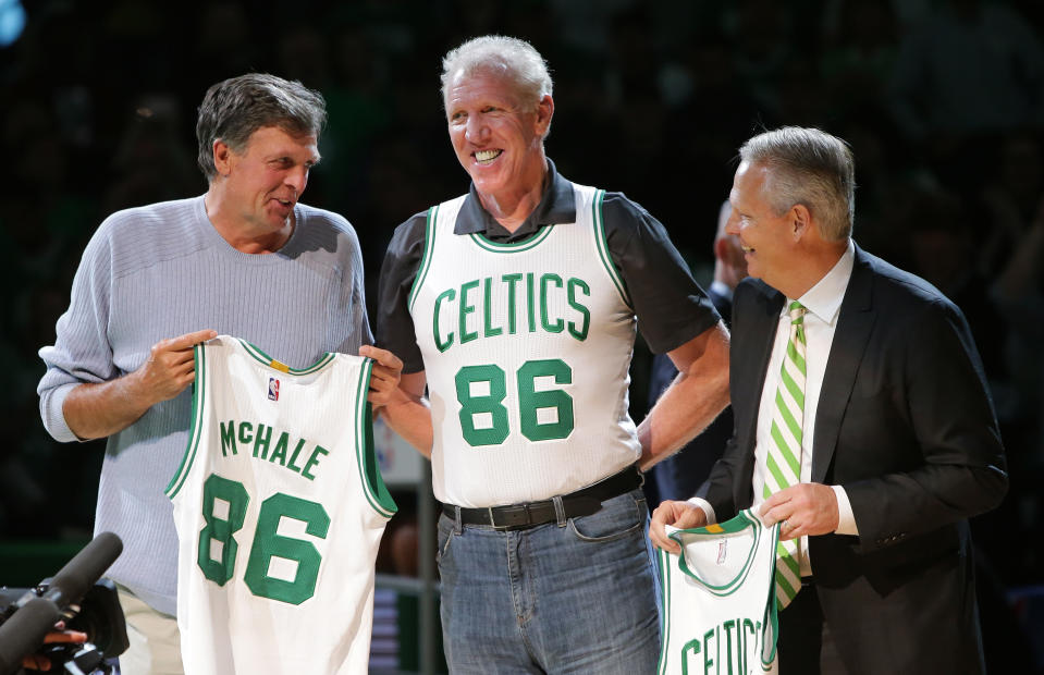 BOSTON, MA - APRIL 13:  Members of the Boston Celtics 1986 championship team Kevin McHale, Bill Walton and Danny Ainge are honored at halftime of the game between the Boston Celtics and Miami Heat at TD Garden on April 13, 2016 in Boston, Massachusetts. NOTE TO USER: User expressly acknowledges and agrees that, by downloading and/or using this photograph, user is consenting to the terms and conditions of the Getty Images License Agreement.  (Photo by Mike Lawrie/Getty Images)