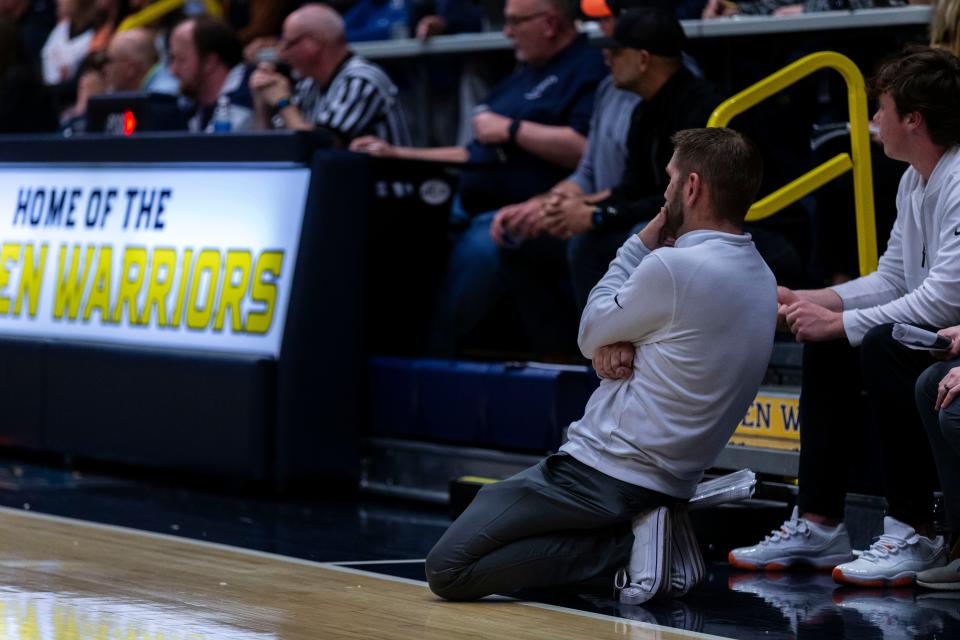 Byron head coach Matt Huels reacts to the game during a game against Chicago Latin in a super sectionals game on March 4, 2024 at Sterling High School in Sterling, Illinois.