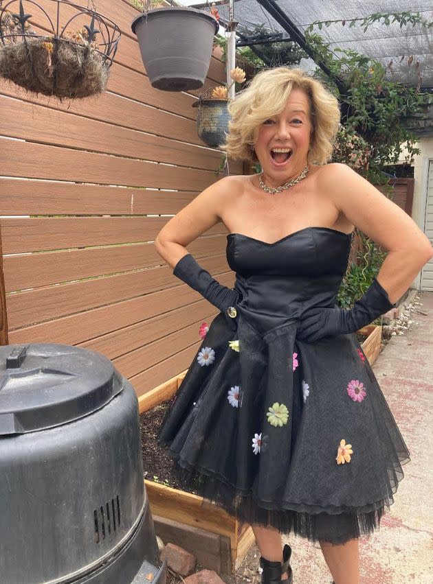 The author discusses composting in a strapless gown for a TikTok video.