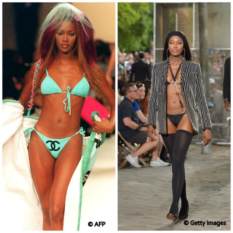 Then and now: (Left) Photo dated 14 October 1993 shows Naomi Campbell in a turquoise two-piece bathing suit and a white bathrobe by Karl Lagerfeld, during the Spring/Summer 94 ready-to-wear Chanel collection in Paris.