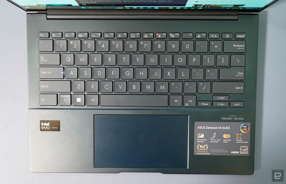 <p>ASUS ZenBook 14 OLED overhead keyboard view.</p>
