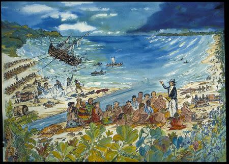 A watercolor by Captain Richard W. Rogers depicts a scene with both historical and archaeological information of the shipwreck of an 83-foot long ship which belonged to King Kamehameha II, aka Liholiho, the second king of Hawaii, courtesy of the Smithsonian National Museum of American History (SI/NMAH). REUTERS/Smithsonian National Museum of American History/Handout