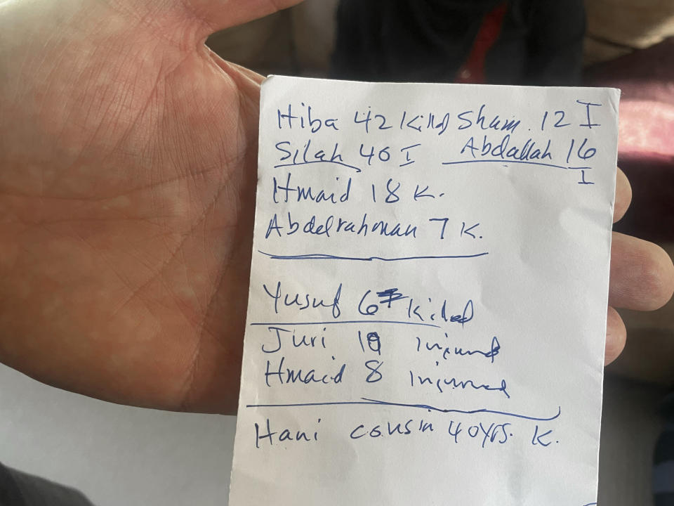 Jehad Adwan holds a hand-written list of the names and ages of his wife's relatives – with the word "killed" or "K" next to five of the names, and the word "injured" or "I" beside another five – inside his home in Blaine, Minn., on Monday, Oct. 16, 2023. With every news report, social media post and conversation with a relative, he's keeping track of the toll the Israel-Hamas war is taking on his family, and his wife's family, in Gaza. (AP Photo/Trisha Ahmed)