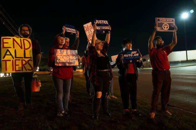 United Auto Workers members and supporters gather across the street from Ford’s Michigan Assembly Plant in Wayne, Michigan, on Sept. 14 after the strike at the plant was announced.