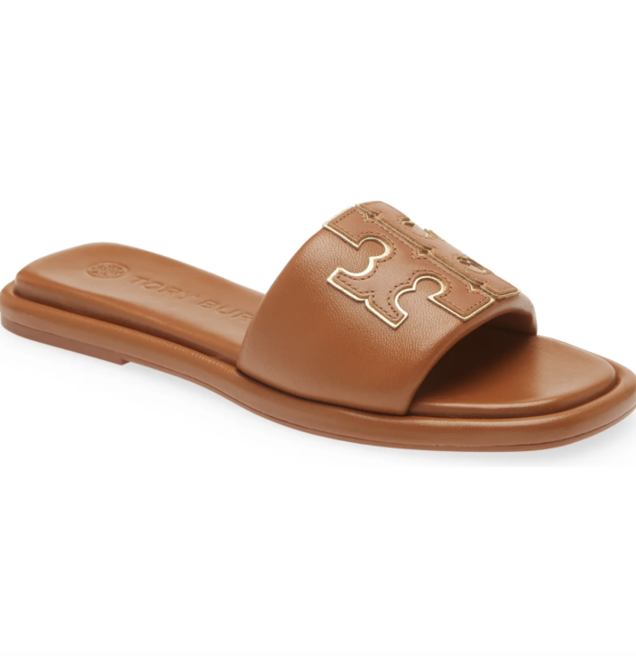 Tory Burch Double T Sport Slide Sandal in Miele/brown leather (Photo via Nordstrom)