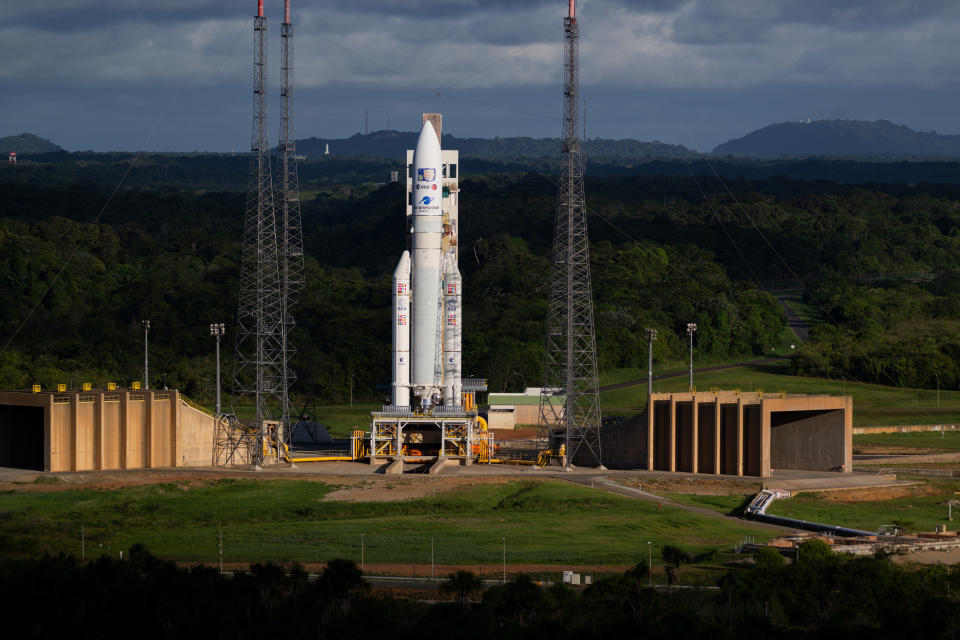 FILE - This photo provided by the European Space Agency shows an Ariane 5 rocket carrying the Jupiter Icy Moons Explorer, Juice, spacecraft on a launch pad at Europe's Spaceport in Kourou, French Guiana, on Wednesday, April 12, 2023. The European Space Agency said Friday, April 28, 2023, that the 52-foot radar antenna on its Juice spacecraft unfolded only one-third of the way following liftoff. (Stephane Corvaja/ESA via AP)