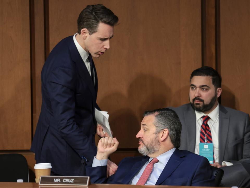 Republican Sens. Josh Hawley of Missouri and Ted Cruz of Texas at a hearing on Capitol Hill on April 4, 2022.