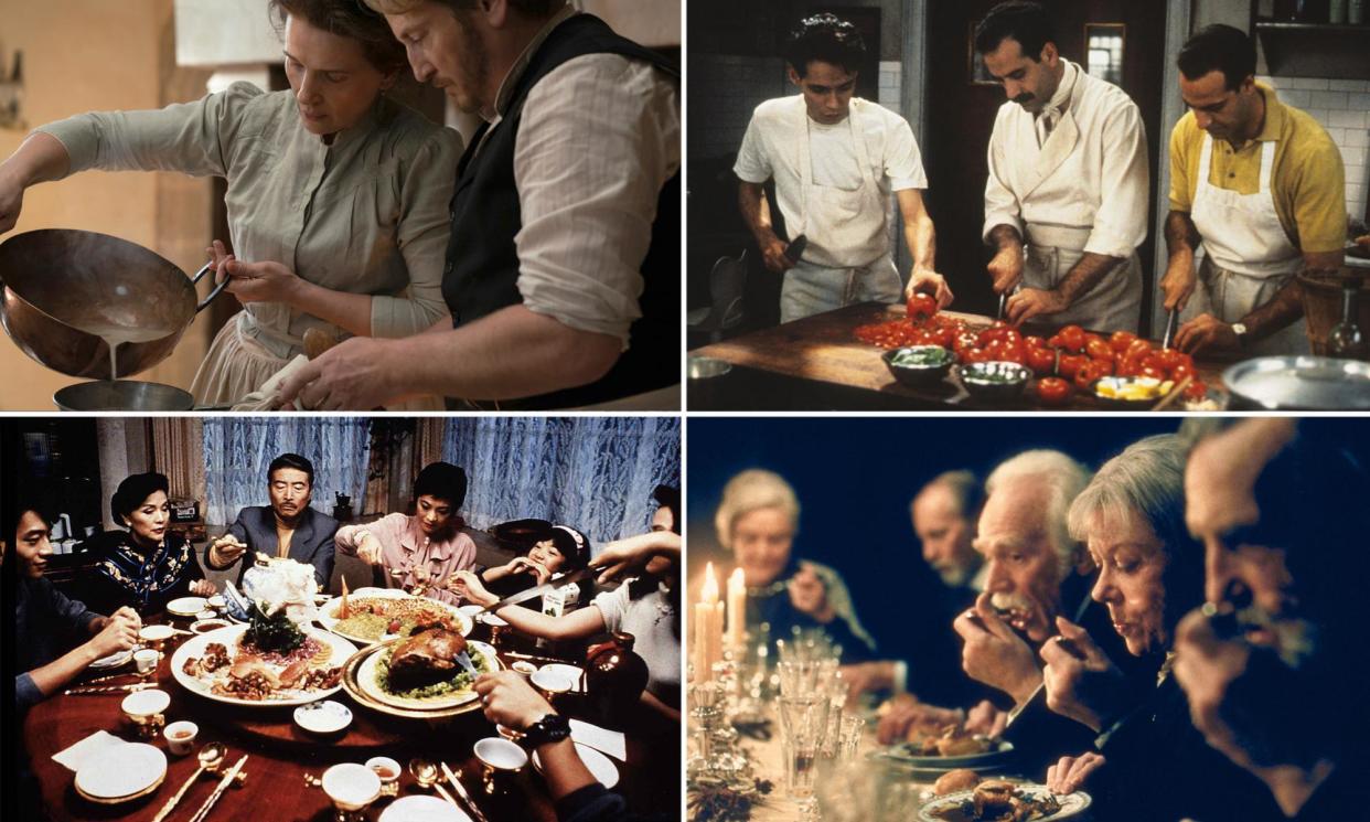 <span>Clockwise from top left: 'foodie foreplay' with Juliette Binoche and Benoît Magimel in The Taste of Things; Marc Anthony, Tony Shalhoub and Stanley Tucci in Big Night; Babette's Feast; the 'pure sensory spectacle' of Eat, Drink, Man, Woman.</span><span>Composite: AP; Rex; Alamy</span>