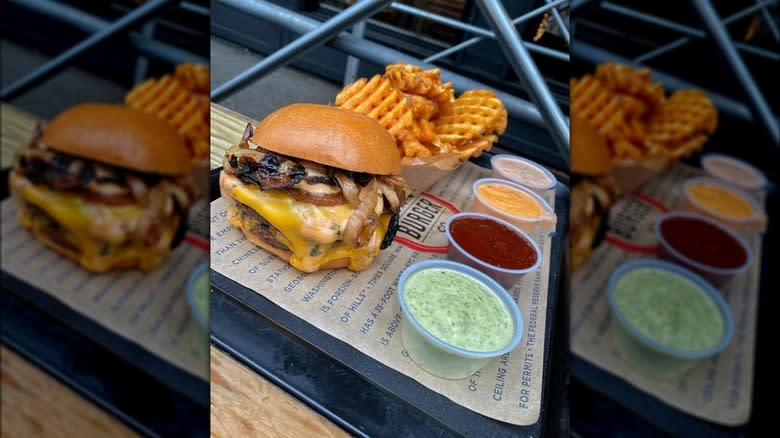 Burger waffle fries sauces