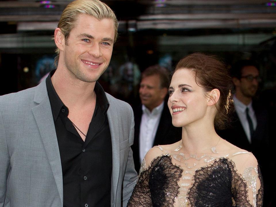 Actors Kristen Stewart, and Chris Hemsworth pose for the media at the World Premiere of the film Snow White and the Huntsman at a cinema in central London, Monday, May 14, 2012.