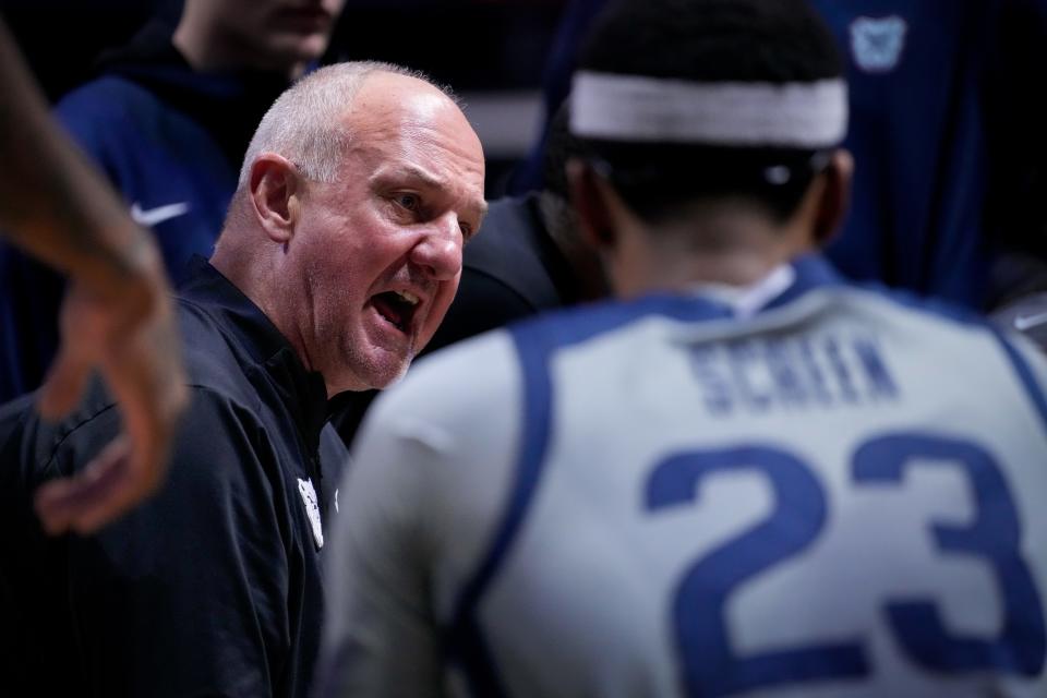 Butler Bulldogs head coach Thad Matta sets up a play during a timeout in the first half of the NCAA Big East basketball game between the Xavier Musketeers and the Butler Bulldogs at the Cintas Center in Cincinnati on Tuesday, Jan. 16, 2024.