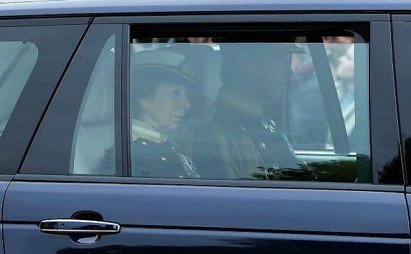 LONDON, ENGLAND - SEPTEMBER 19: Anne, Princess Royal and   Vice Admiral Sir Timothy Laurence arrive at The State Funeral of Queen Elizabeth II on September 19, 2022 in London, England. Elizabeth Alexandra Mary Windsor was born in Bruton Street, Mayfair, London on 21 April 1926. She married Prince Philip in 1947 and ascended the throne of the United Kingdom and Commonwealth on 6 February 1952 after the death of her Father, King George VI. Queen Elizabeth II died at Balmoral Castle in Scotland on September 8, 2022, and is succeeded by her eldest son, King Charles III.  (Photo by Joe Maher/Getty Images)