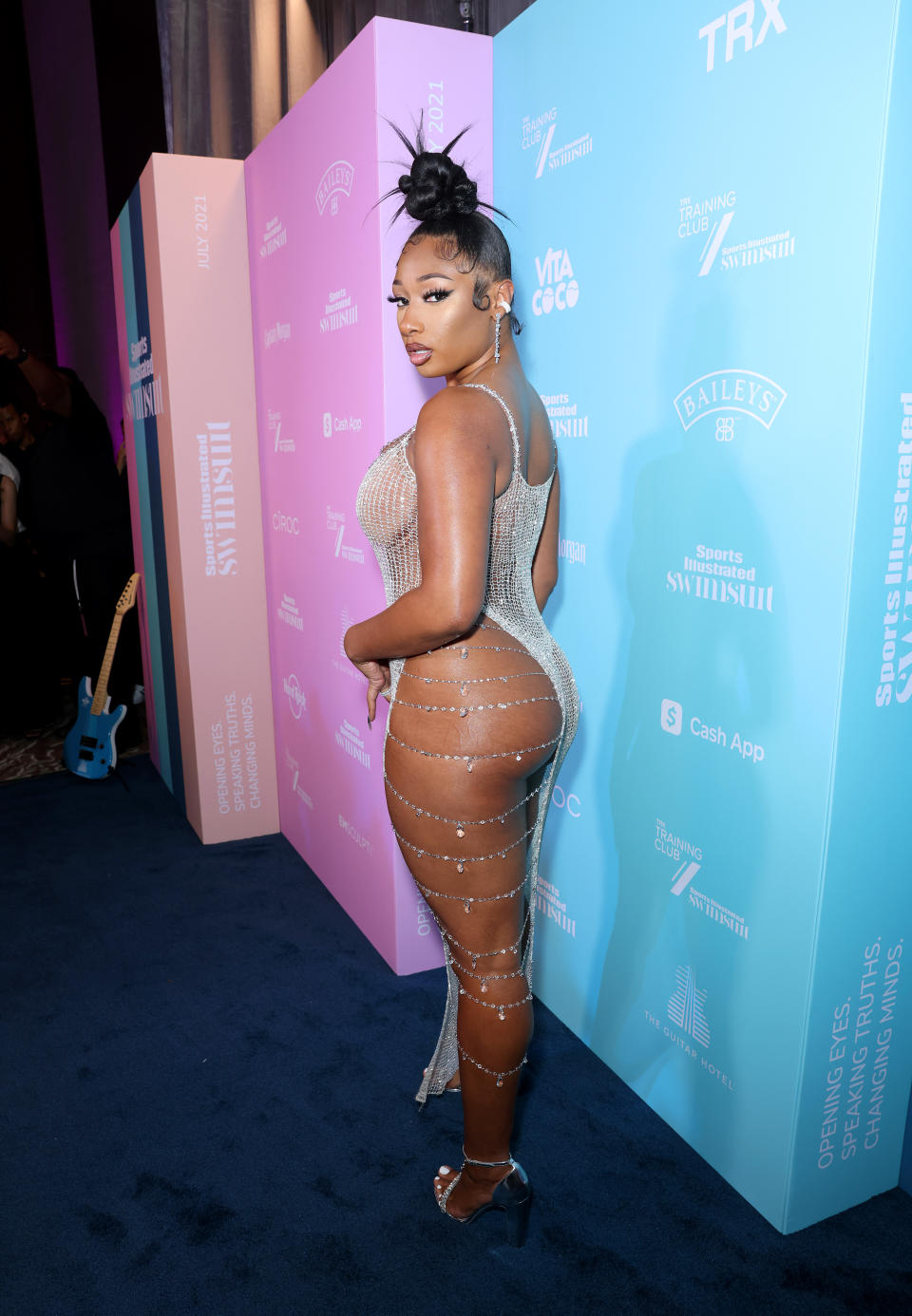Megan Thee Stallion attended the launch party of the Sports Illustrated swimsuit issue, of which she is the cover star, in a naked dress, which fans loved. Photo: Getty