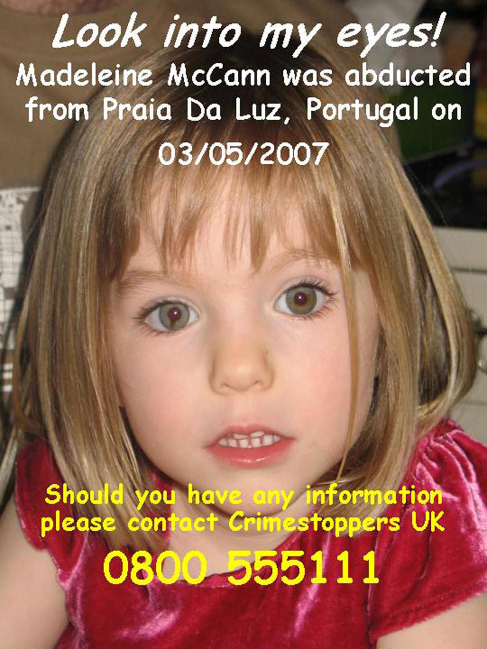 Handout of Crimestoppers poster for missing girl Madeleine McCann.