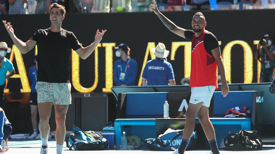 Nick Kyrgios and Thanasi Kokkinakis will face Max Purcell and Matt Ebden in the first all-Australian mens doubles final at the Australian Open in 42 years. (Photo by BRANDON MALONE/AFP via Getty Images)