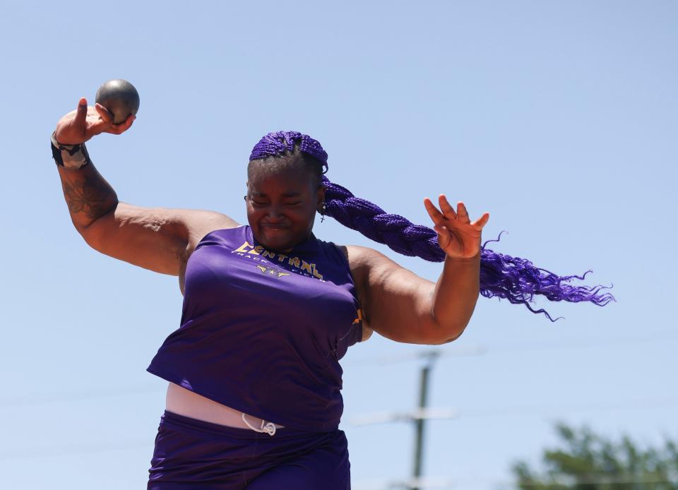 Fort Pierce Central's Nikayia Wilder competes in the shot put event during the Region 3-4A high school track and field meet Wednesday, May 8, 2024, at Martin County High School.