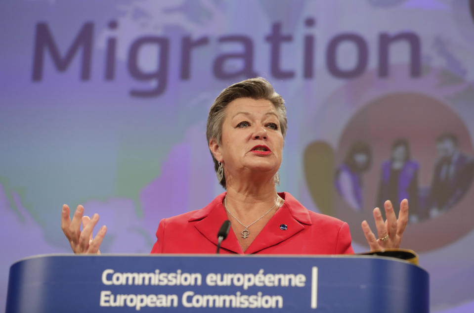 European Commissioner for Home Affairs Ylva Johansson, speaks during a media conference on the New Pact for Migration and Asylum at EU headquarters in Brussels, Wednesday, Sept. 23, 2020. (Stephanie Lecocq, Pool via AP)