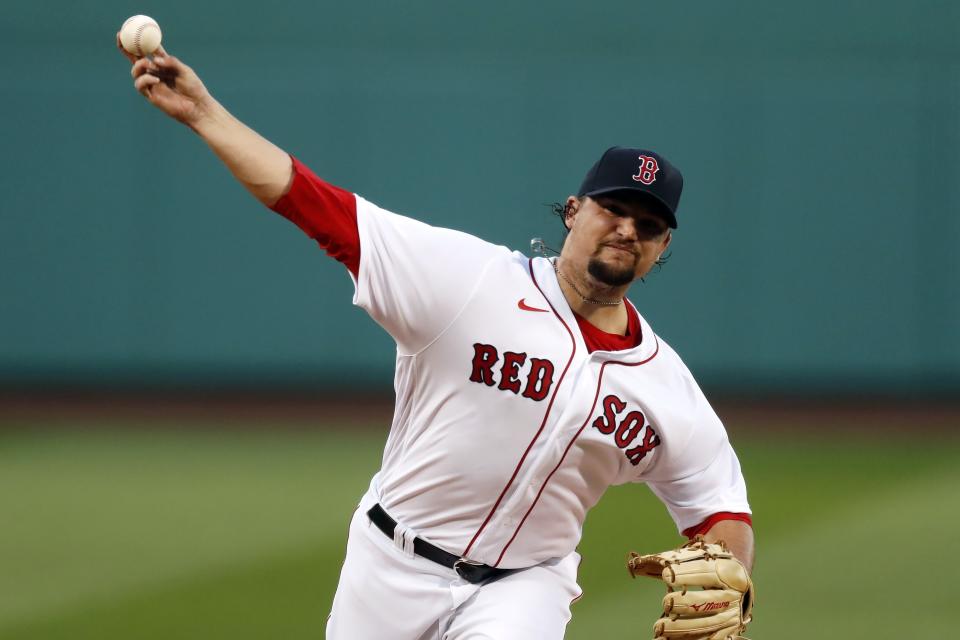 Boston Red Sox's Zack Godley pitches during the first inning of a baseball game against the Toronto Blue Jays, Saturday, Aug. 8, 2020, in Boston. (AP Photo/Michael Dwyer)