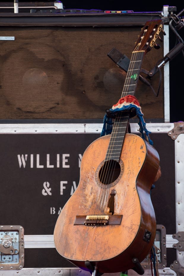 Willie Nelson's guitar, "Trigger," during "Willie Nelson At Home Live From Luck, TX" at Luck Ranch on March 20, 2022<p><a href="https://www.gettyimages.com/detail/1386847475" rel="nofollow noopener" target="_blank" data-ylk="slk:Rick Kern/Getty Images;elm:context_link;itc:0;sec:content-canvas" class="link ">Rick Kern/Getty Images</a></p>