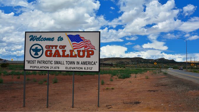 GALLUP, NEW MEXICO - JULY 22: Welcome sign to Gallup, most patriotic small town in America on July 22, 2017 in Gallup, New Mexico.