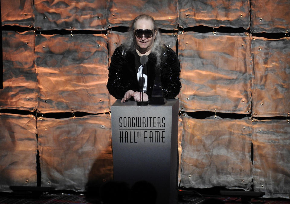 FILE - Inductee Jim Steinman speaks at the 2012 Songwriters Hall of Fame induction and awards gala in New York on June 14, 2012. Steinman, the Grammy-winning composer and playwright who wrote Meat Loaf's best-selling “Bat Out Of Hell" debut album as well as hits for Celine Dion, Air Supply and Bonnie Tyler, has died, at 73. Bill Steinman told The Associated Press that his brother died Monday from kidney failure and was ill for some time. (Photo by Evan Agostini/Invision, File)