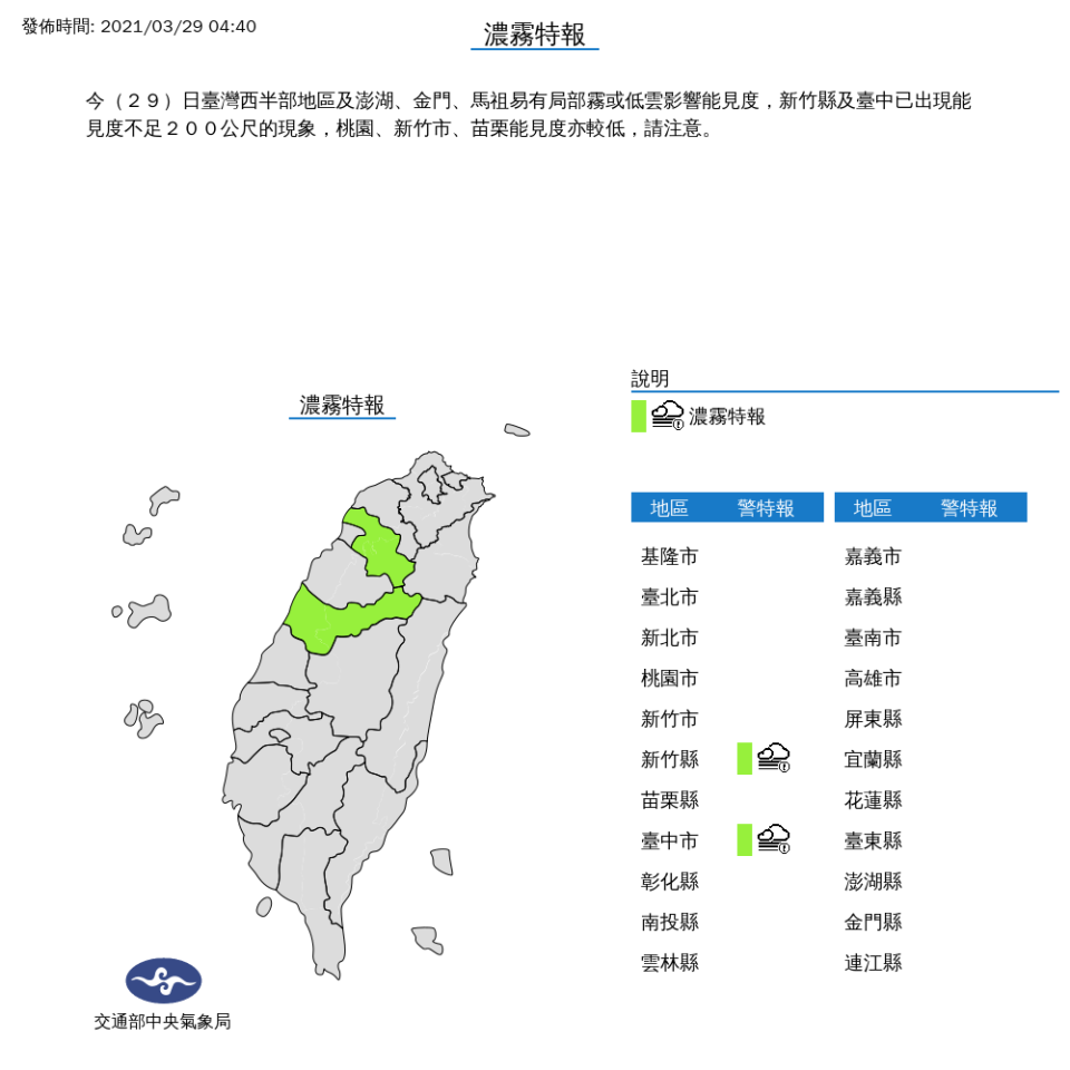 中央氣象局29日清晨針對新竹縣、台中市發布濃霧特報，也點名桃園市、新竹市與苗栗縣注意。   圖：中央氣象局/提供