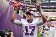 Sep 23, 2018; Minneapolis, MN, USA; Buffalo Bills quarterback Josh Allen (17) celebrates following a game against the Minnesota Vikings at U.S. Bank Stadium. Mandatory Credit: Brace Hemmelgarn-USA TODAY Sports