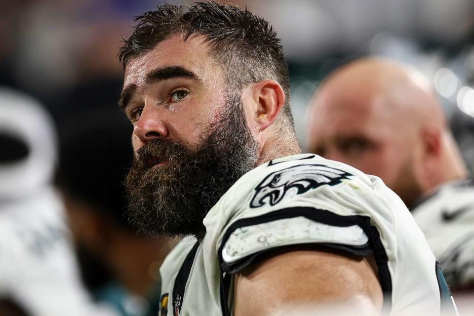 <p>Kevin Sabitus/Getty Images</p>  Jason Kelce #62 of the Philadelphia Eagles looks on from the bench during the fourth quarter of an NFL wild-card playoff football game against the Tampa Bay Buccaneers at Raymond James Stadium on January 15, 2024 in Tampa, Florida. 