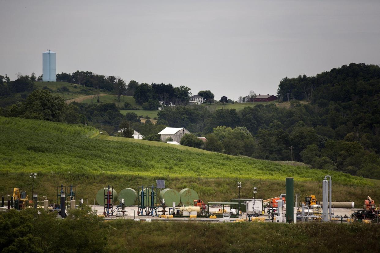 Hydraulic fracturing drill pad named "Krazy Train" one of the two natural gas well pads, on the small Cain family dairy farm, near Bethesda, Ohio, in Belmont County.