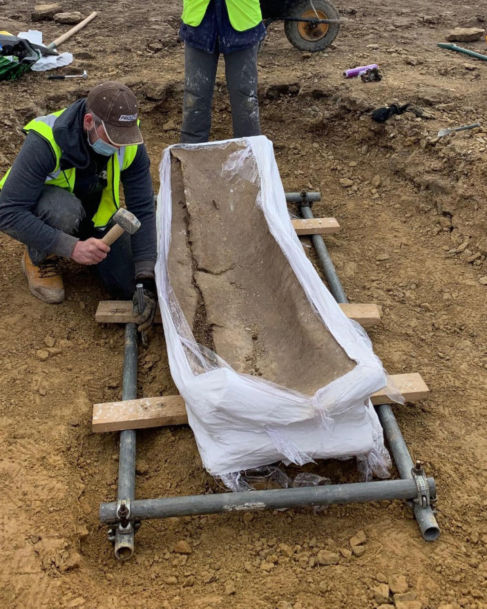 A very rare lead coffin discovered in an excavation near Leeds, England, could shed light on a poorly understood period of British history.  (West Yorkshire Joint Services / Leeds City Council)