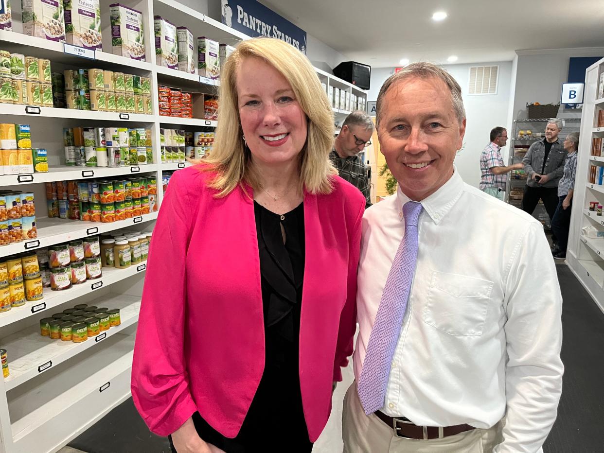 The Well Executive Director Shelly Sassen and Spring Hill Mayor Jim Hagaman enjoy the opening day of the nonprofit's new "client-choice" model food pantry. The Maury County Alliance hosted a ribbon-cutting on Thursday, April 14, 2022.