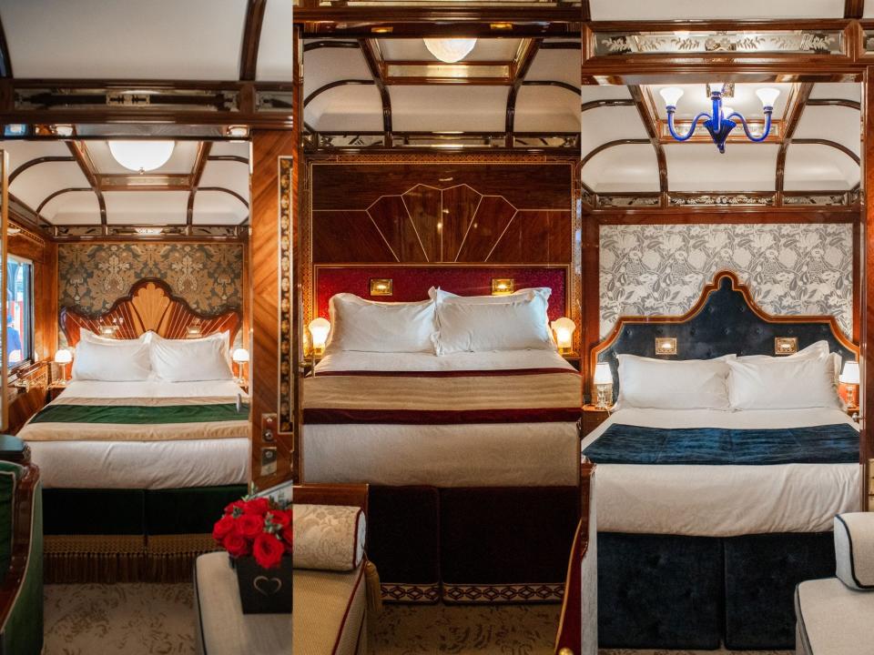 Three photos of luxurious train suites with dramatic, classic decor and large beds