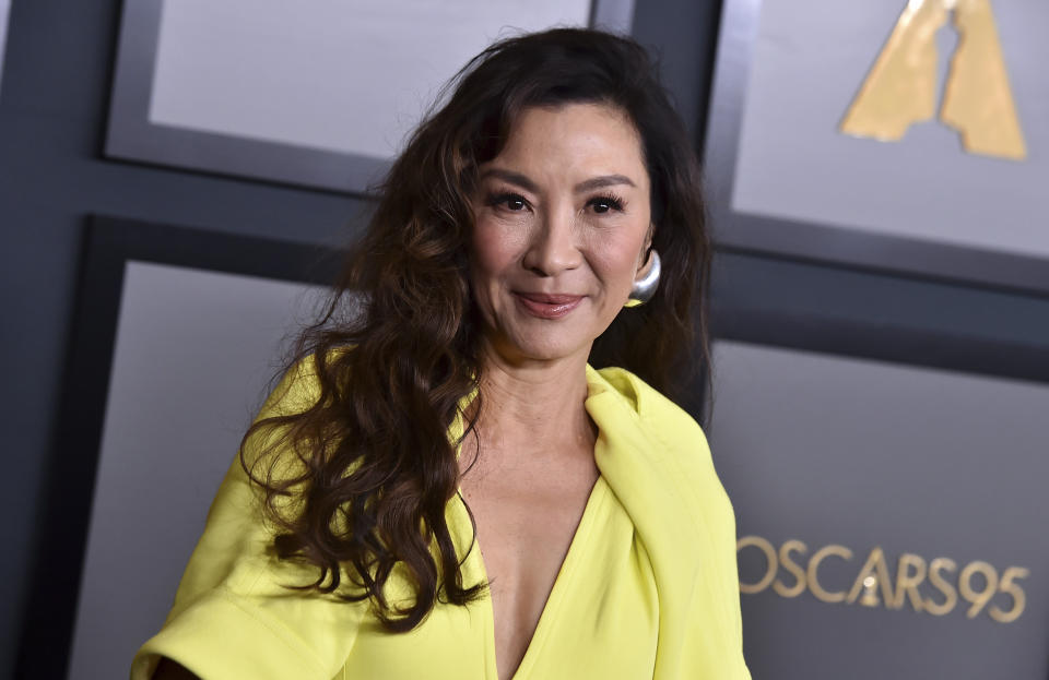 FILE - Michelle Yeoh arrives at the Governors Awards in Los Angeles on Nov. 19, 2022. Yeoh is nominated for an Oscar for best actress for her role in "Everything Everywhere All at Once." (Photo by Jordan Strauss/Invision/AP, File)