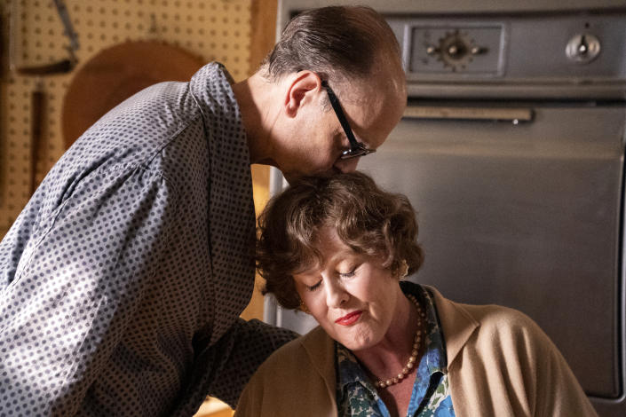 This image released by HBO Max shows David Hyde Pierce, left, and Sarah Lancashire in a scene from the series "Julia." Pierce portrays Peter Child, husband and chief cheerleader of cooking legend Julia Child. (HBO Max via AP)