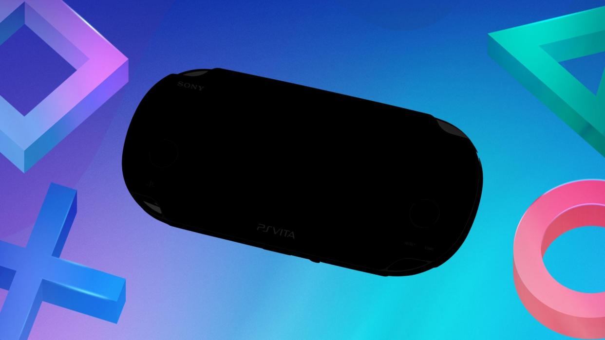  PlayStation Vita blacked out on a blue background featuring PlayStation symbols. 