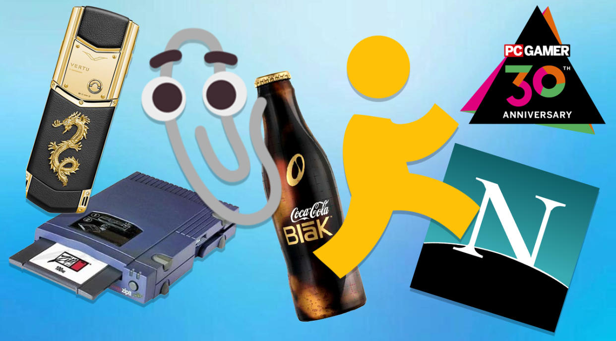  A collage of cellphones, zip drive, AIM symbol, clippy, coca cola, netscape navigator logo. 