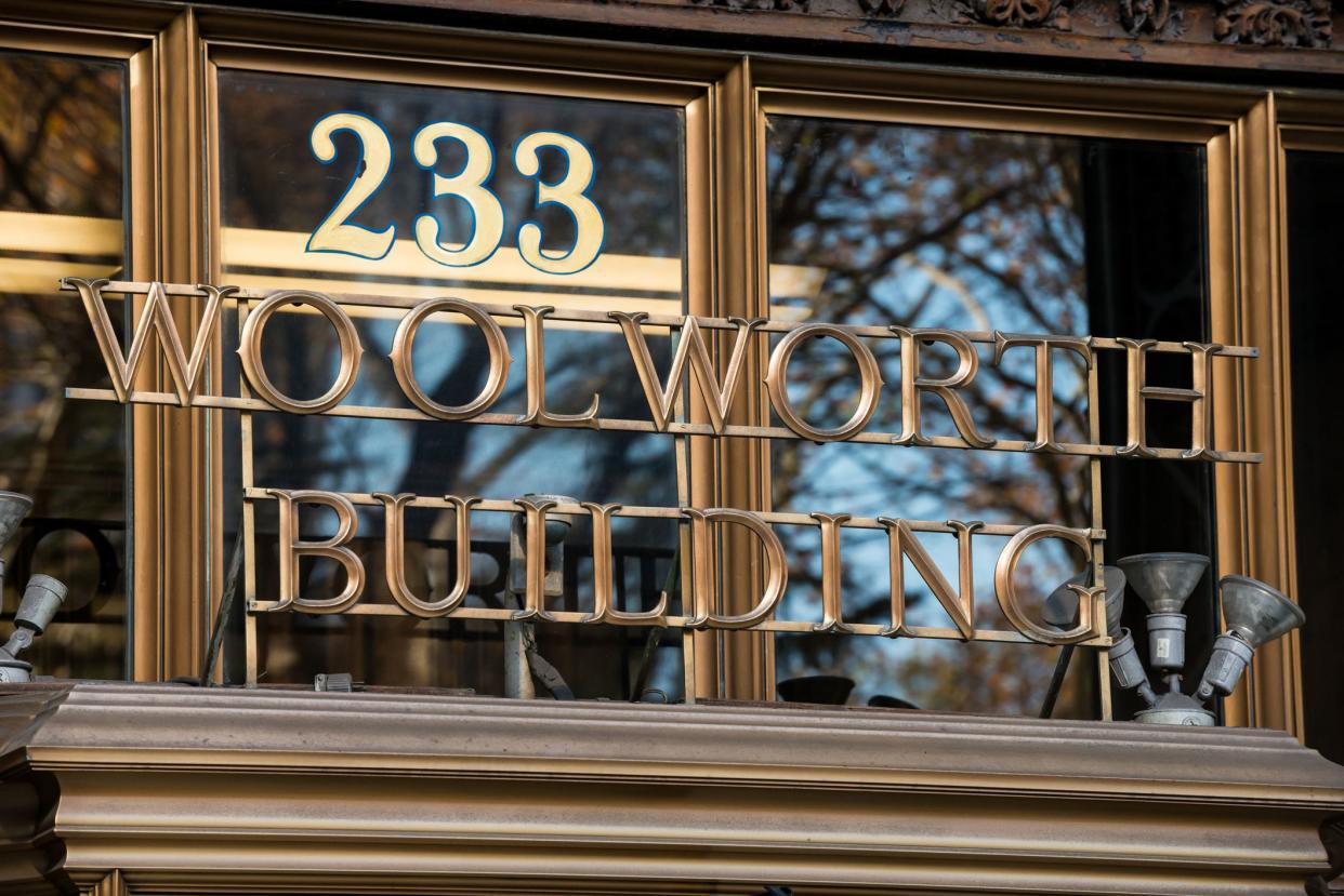 New York, USA - November 18, 2014: The famous Woolworth building sign in Lower Manhattan early in the morning