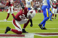Arizona Cardinals cornerback Marco Wilson (20) reacts after breaking up a pass attempt by the Los Angeles Rams during the first half of an NFL football game, Sunday, Sept. 25, 2022, in Glendale, Ariz. (AP Photo/Ross D. Franklin)